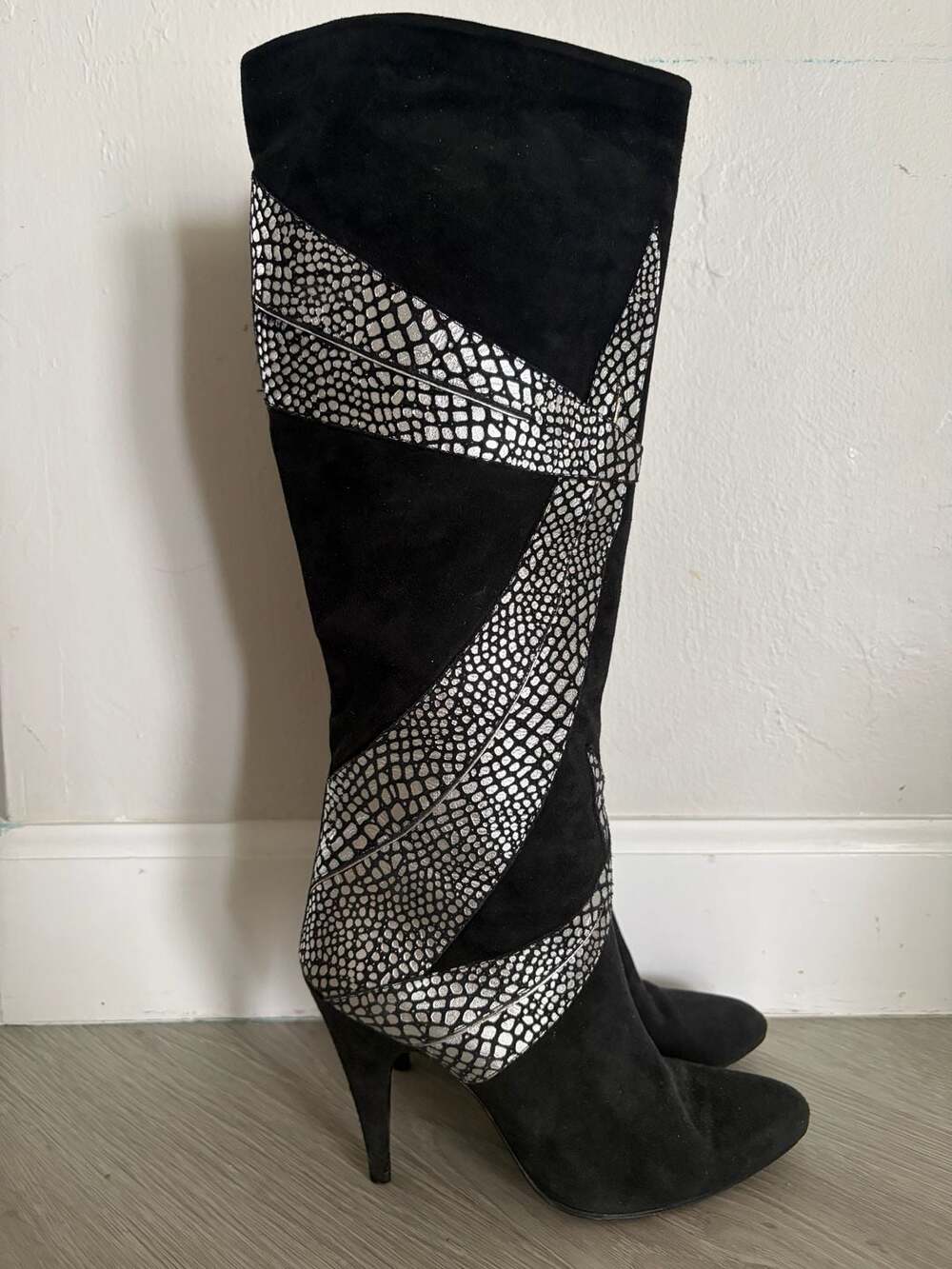 Portofino Knee High Boots Size 9 Black Suede Silver Metallic Inset